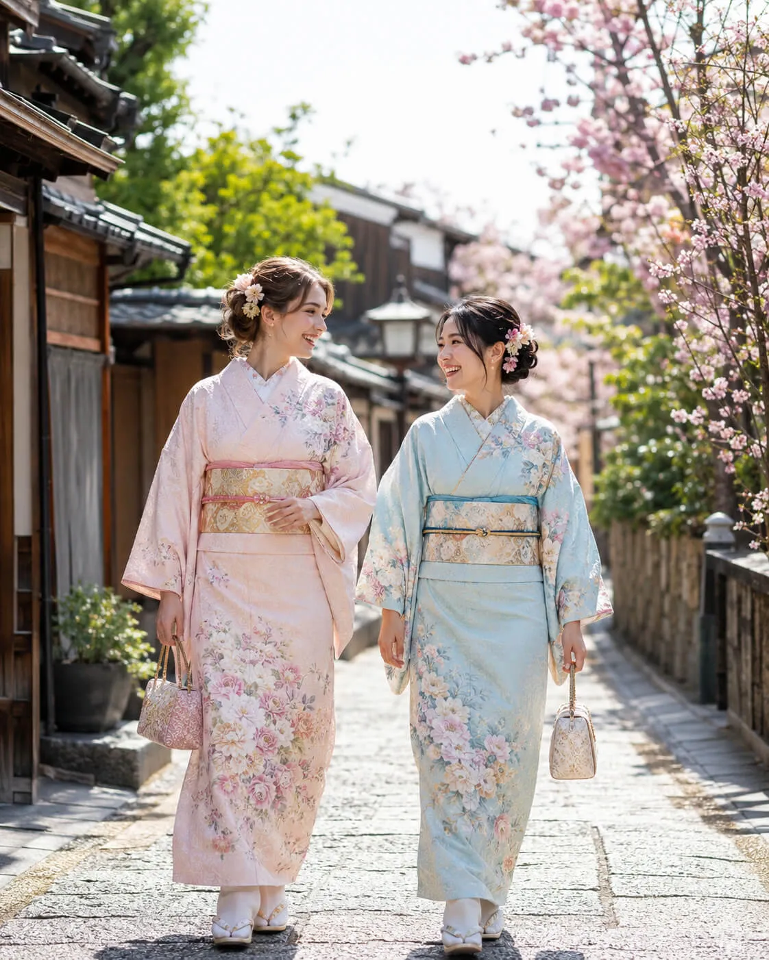 桜の咲く石畳を歩く着物姿の女性2人