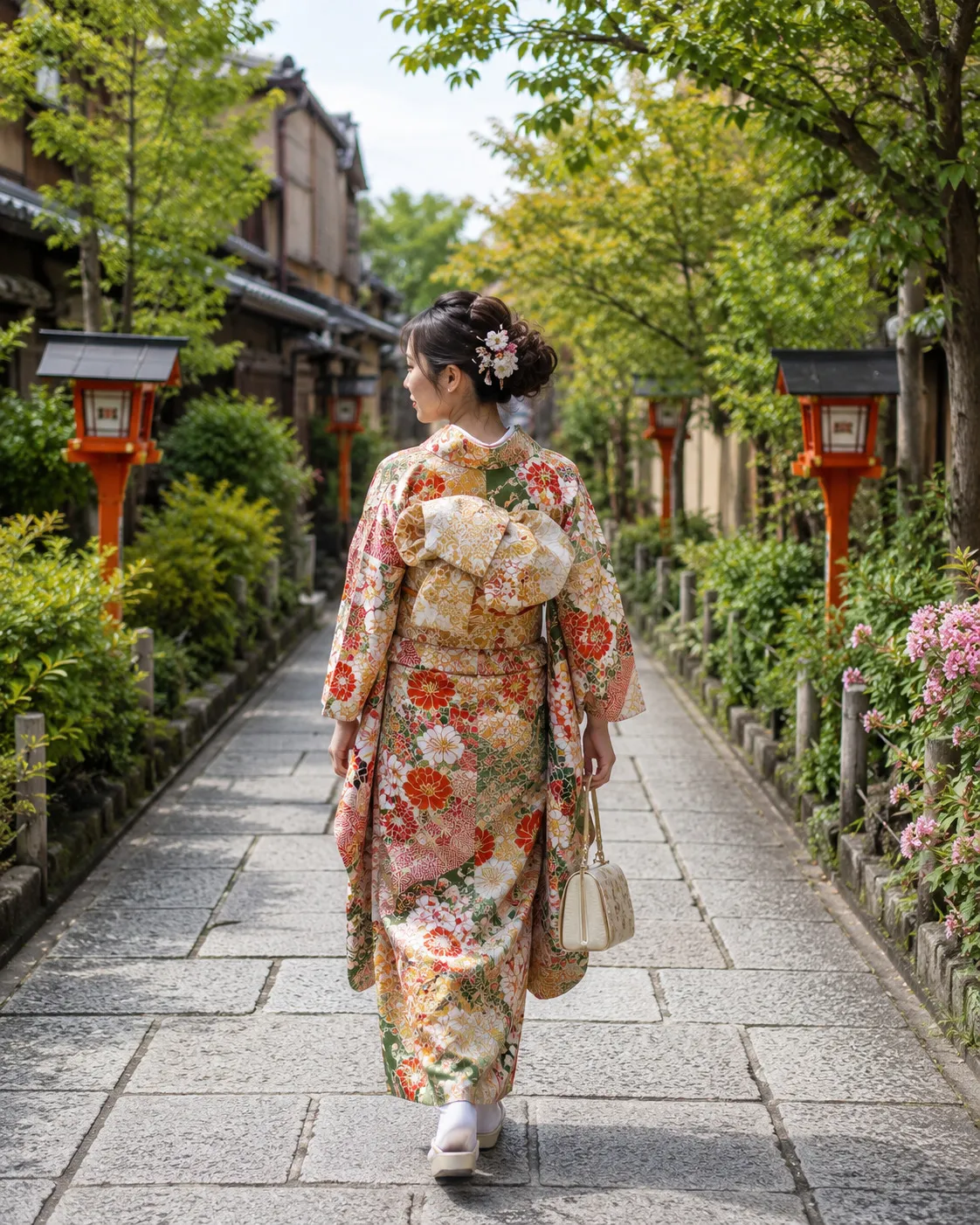 華やかな着物で石畳を歩く女性の後ろ姿