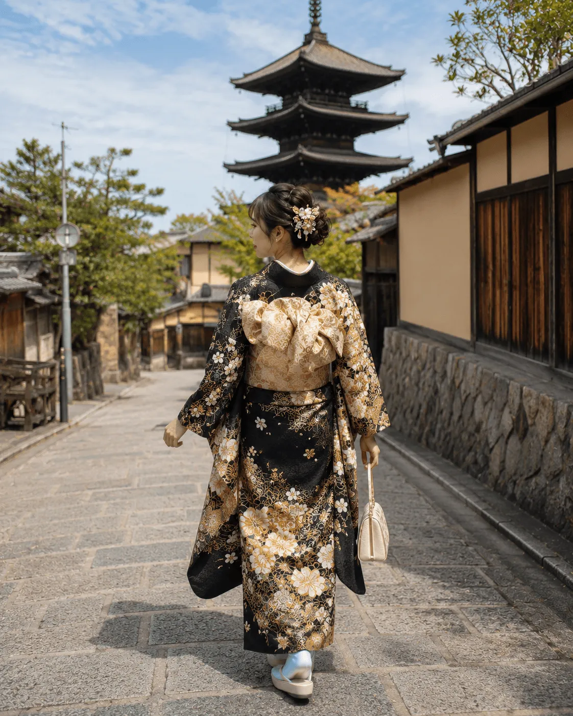 五重塔へ続く石畳を着物で歩く女性の後ろ姿