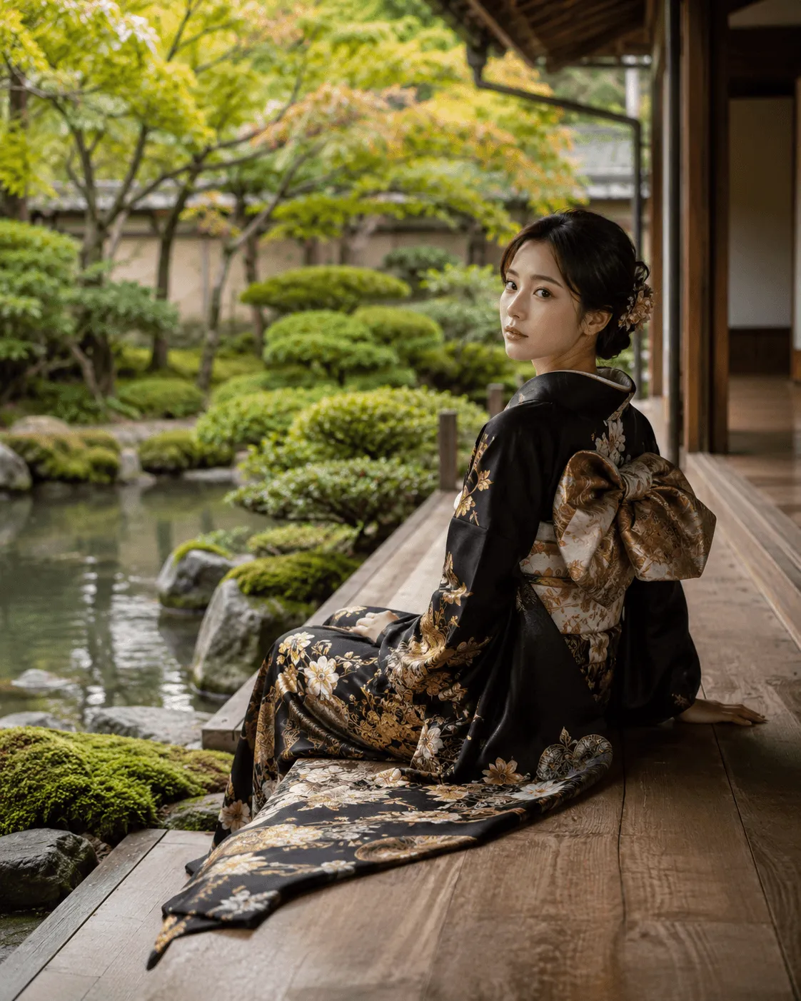 日本庭園の縁側に座る着物姿の女性