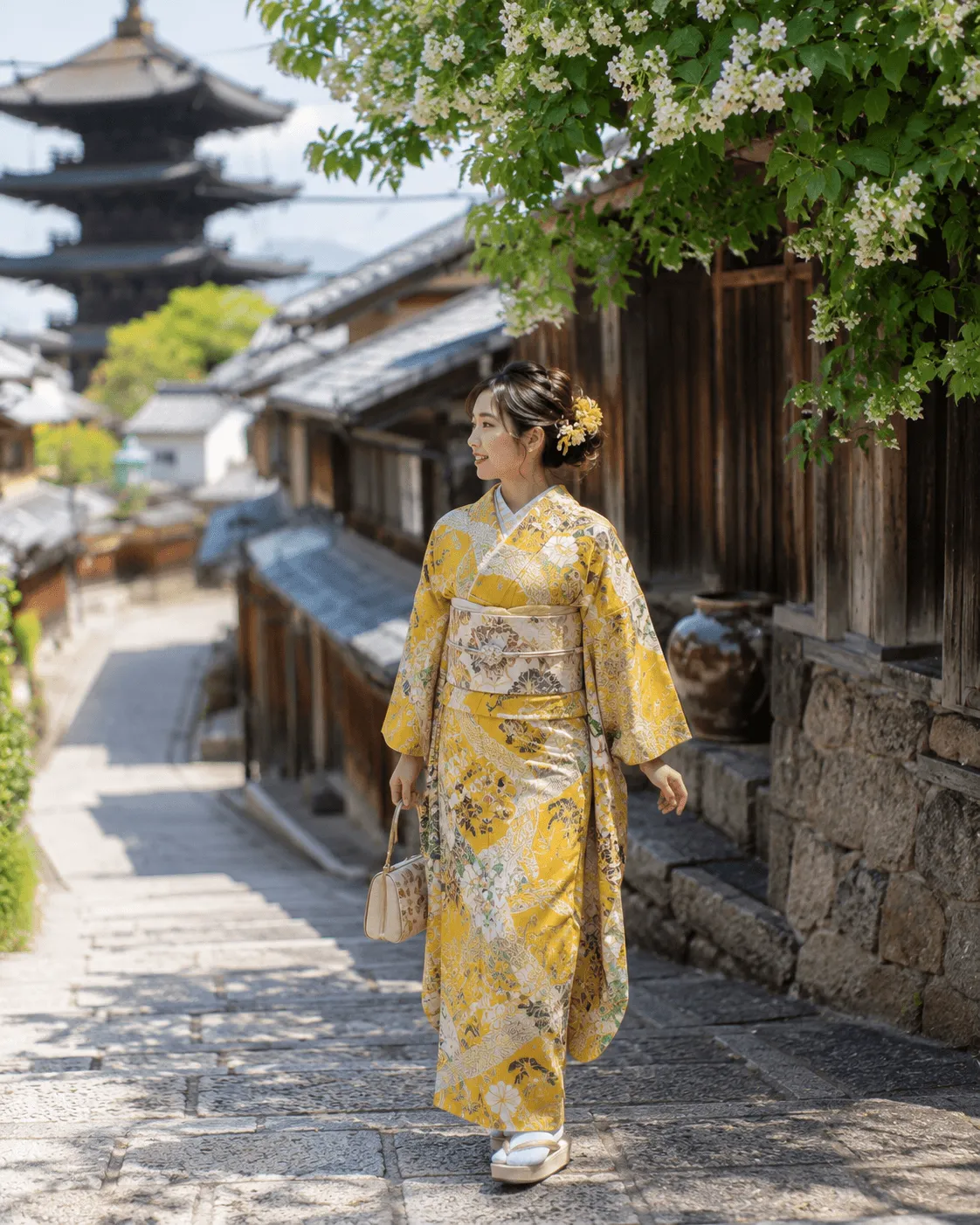 五重塔を背景に黄色の着物で歩く女性