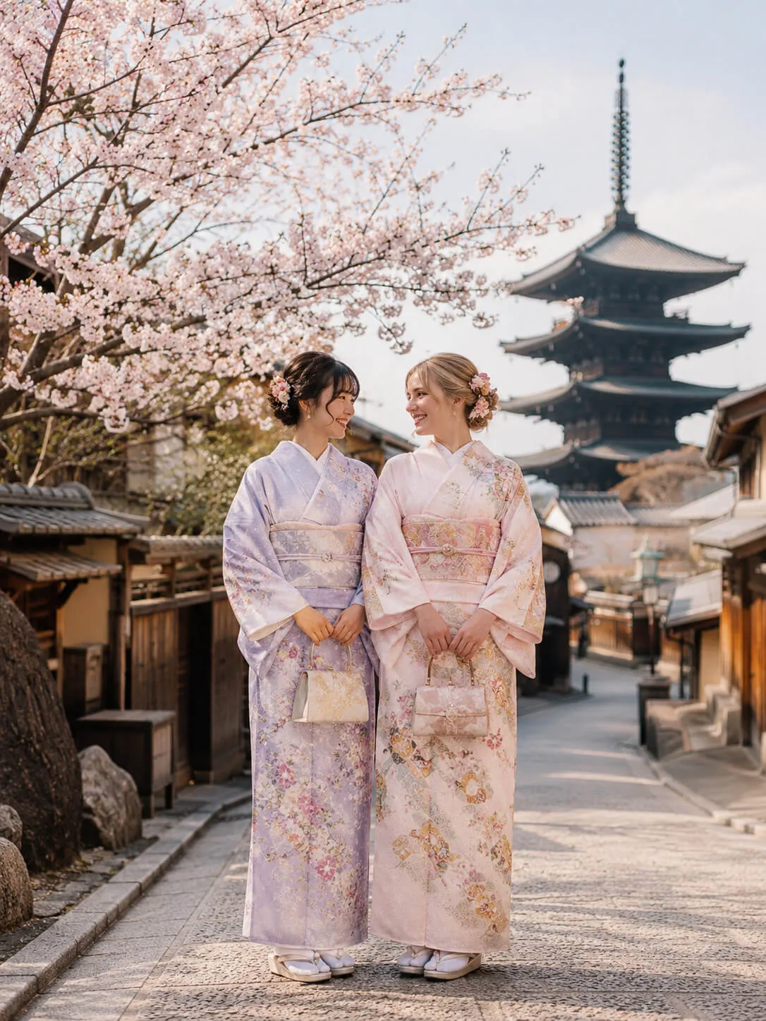 Two women in kimono with cherry blossoms and a five-story pagoda behind them